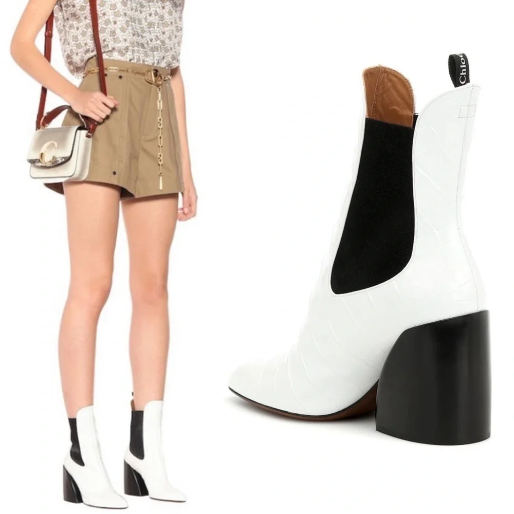 Chloé White Wave Leather Chunky Heeled Booties Size 39